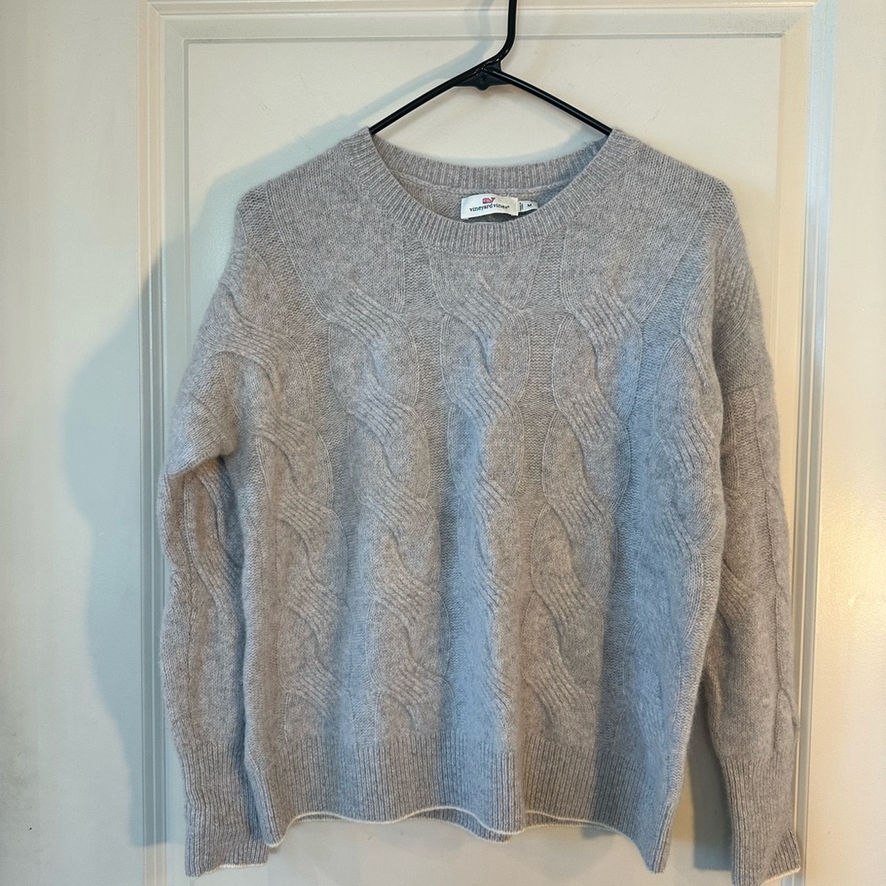 Vineyard Vines Grey 100% Cashmere Cableknit Crew Neck Sweater, Medium